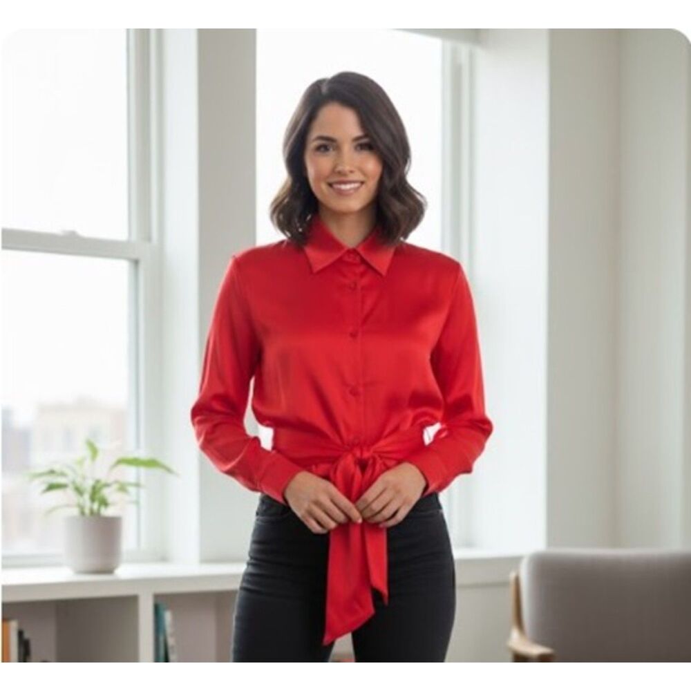 Alberto Audenino Italy Red Blouse Wrap Around Belt Italian Button Front Size M